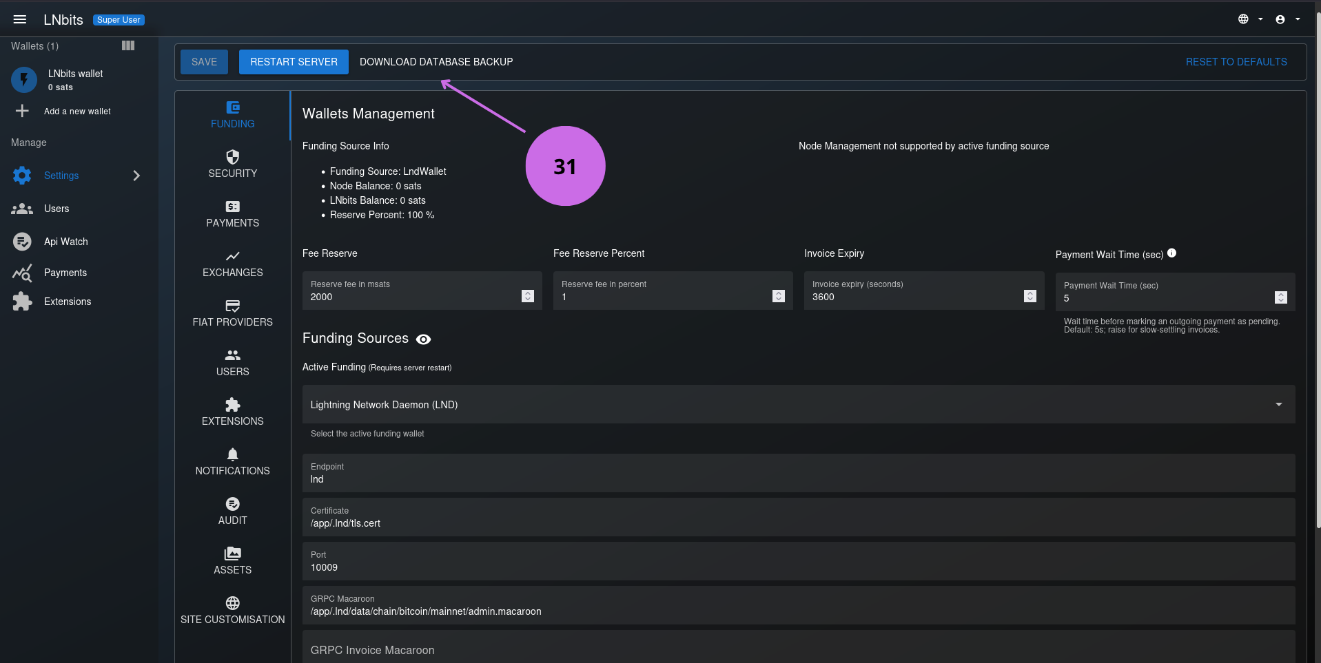 LNbits Download Database Backup