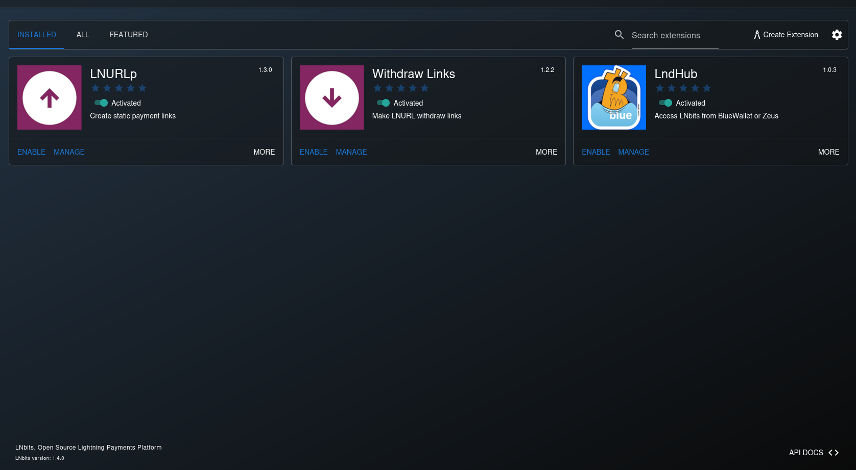 LNbits Installed Extensions