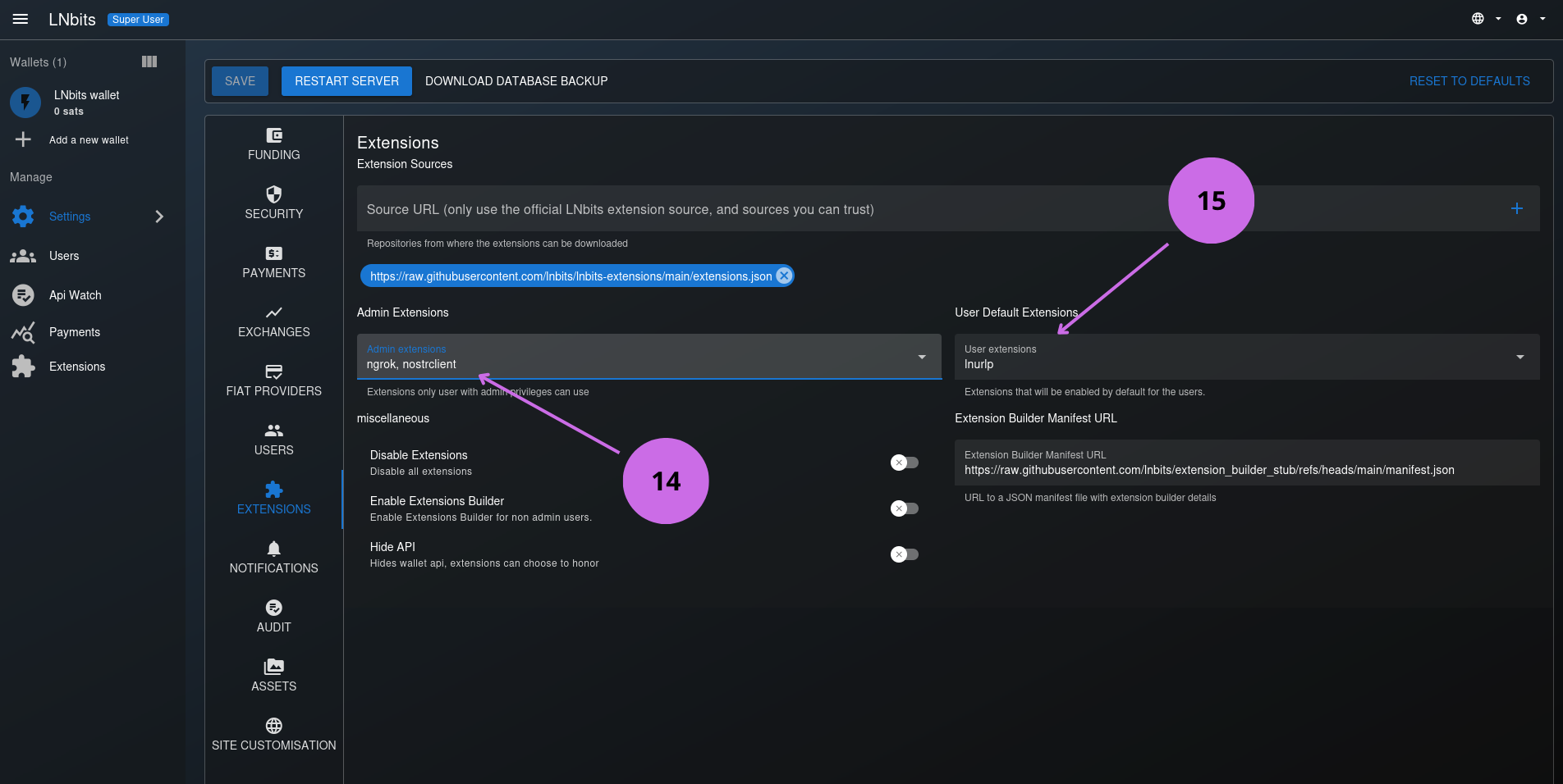 LNbits Settings Extensions